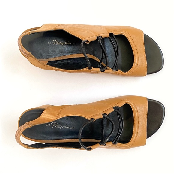 3.1 Phillip Lim Drum brown tan black leather silk lace up slingback chunky heels - Picture 6 of 12